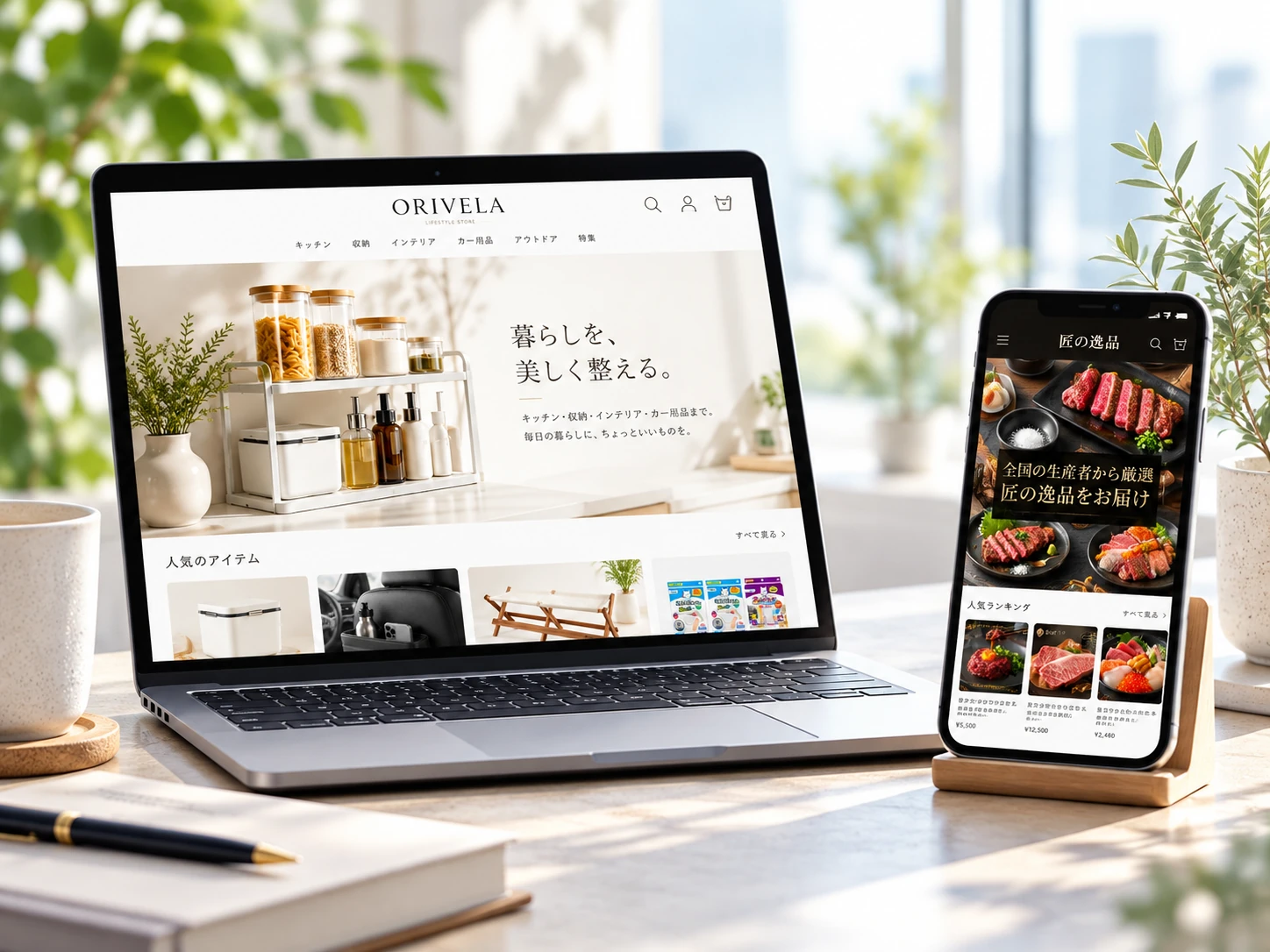 ORIVELAの生活用品と匠の達人セレクトのグルメ商品をパソコンとスマートフォンに表示したEC事業イメージ