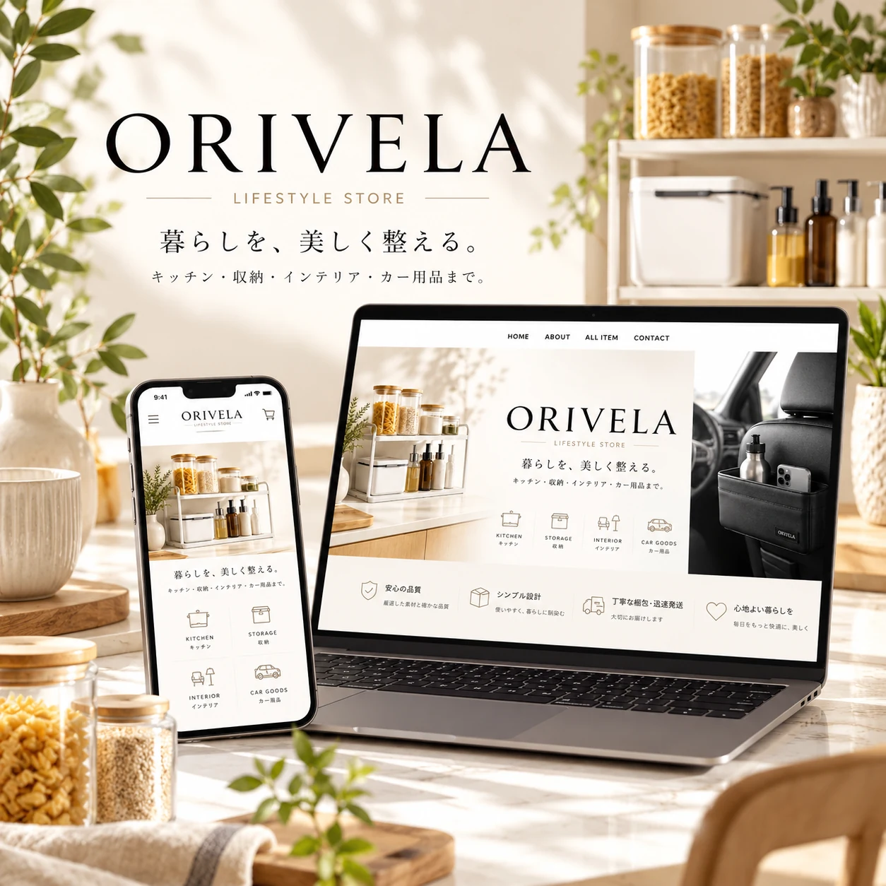 ORIVELAの生活雑貨ECを表現した、パソコンとスマートフォンの掲載用イメージ