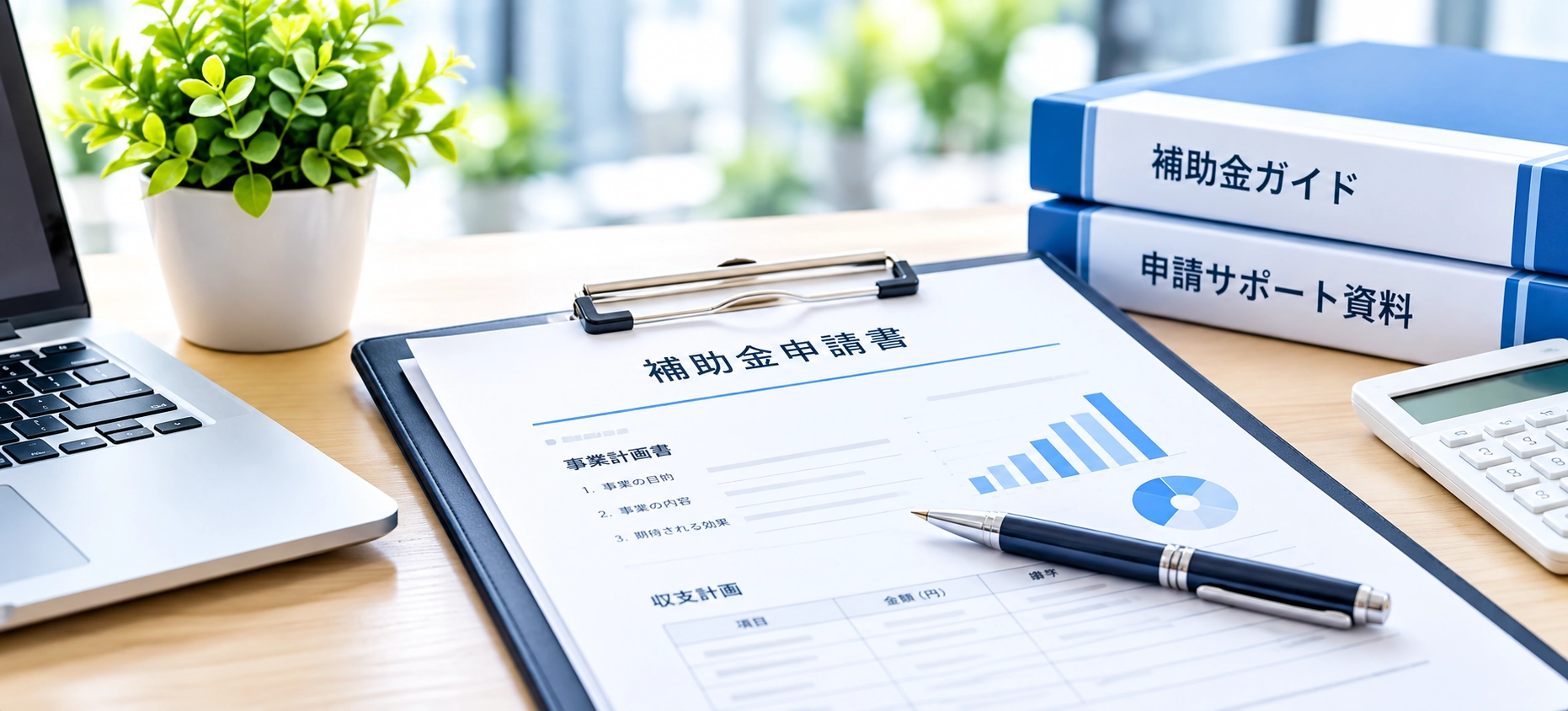 補助金申請書と導入支援の書類を並べたデスクのイメージ