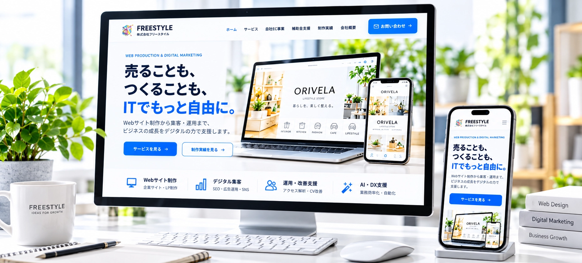 FREESTYLEのWebサイトをパソコンとスマホに表示したWeb制作イメージ